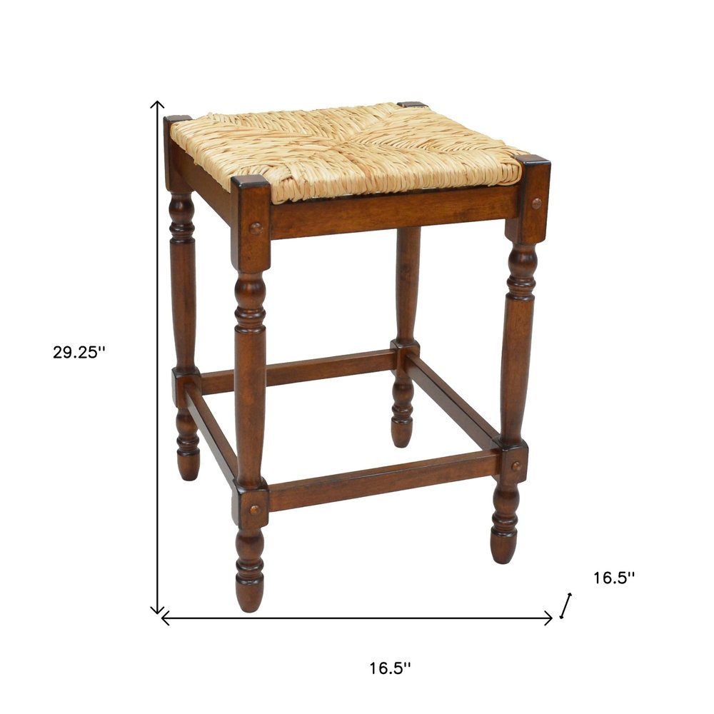 29" Natural And Chestnut Rush And Solid Wood Backless Bar Height Bar Chair HomeRoots