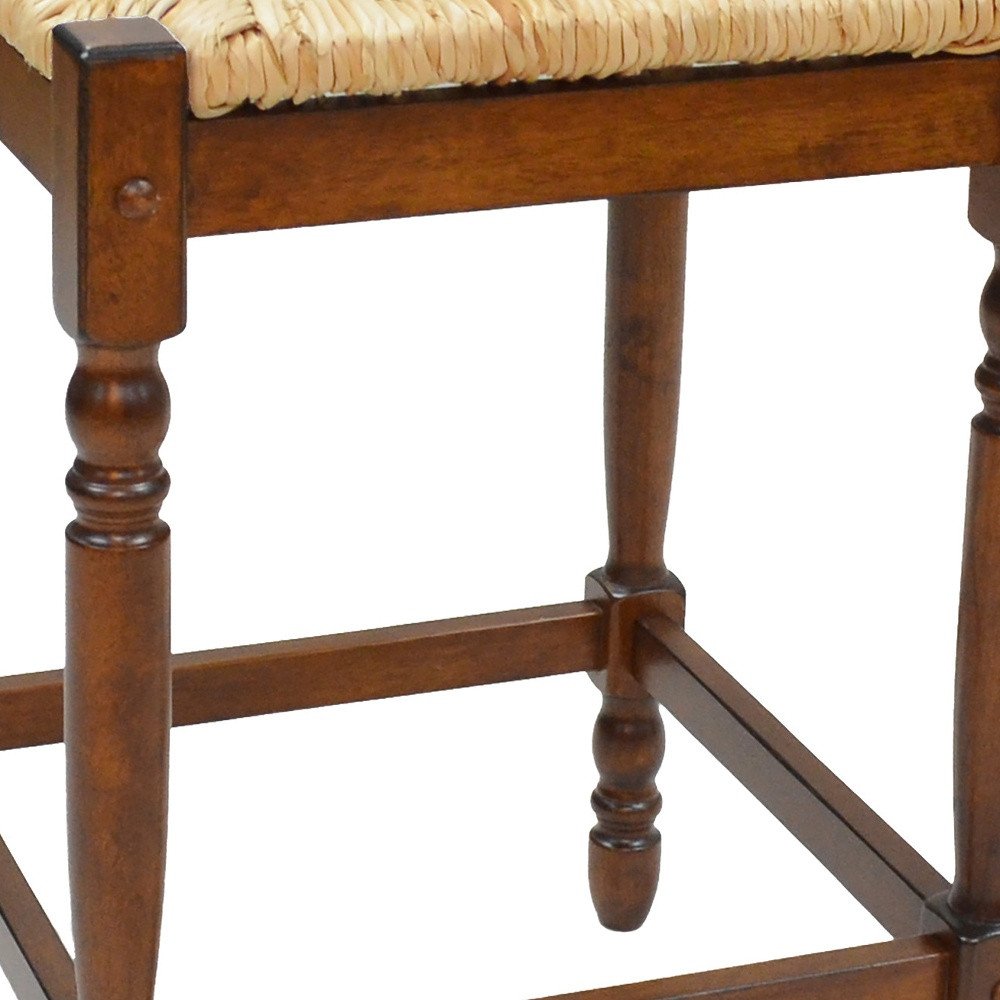 29" Natural And Chestnut Rush And Solid Wood Backless Bar Height Bar Chair — view 3