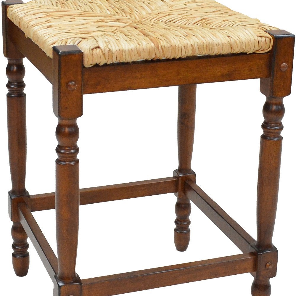 29" Natural And Chestnut Rush And Solid Wood Backless Bar Height Bar Chair — view 4