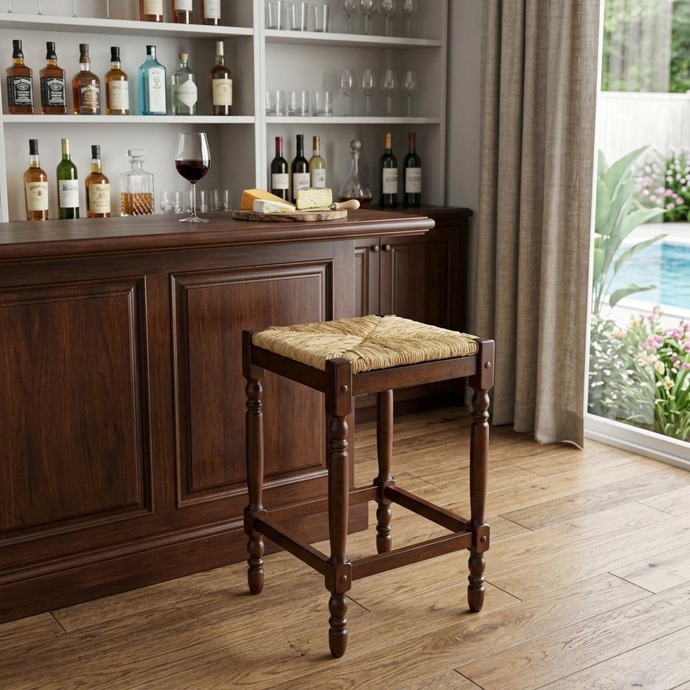 29" Natural And Chestnut Rush And Solid Wood Backless Bar Height Bar Chair — view 5