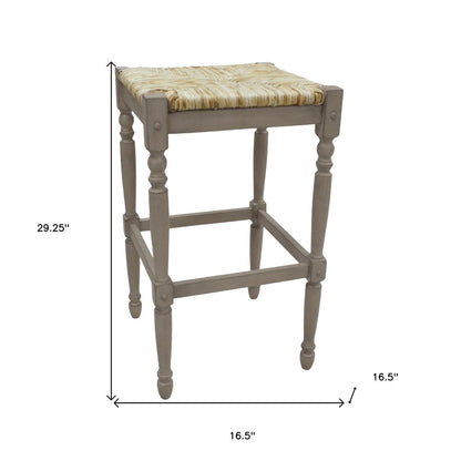 29" Natural And Gray Rush And Solid Wood Backless Bar Height Bar Chair