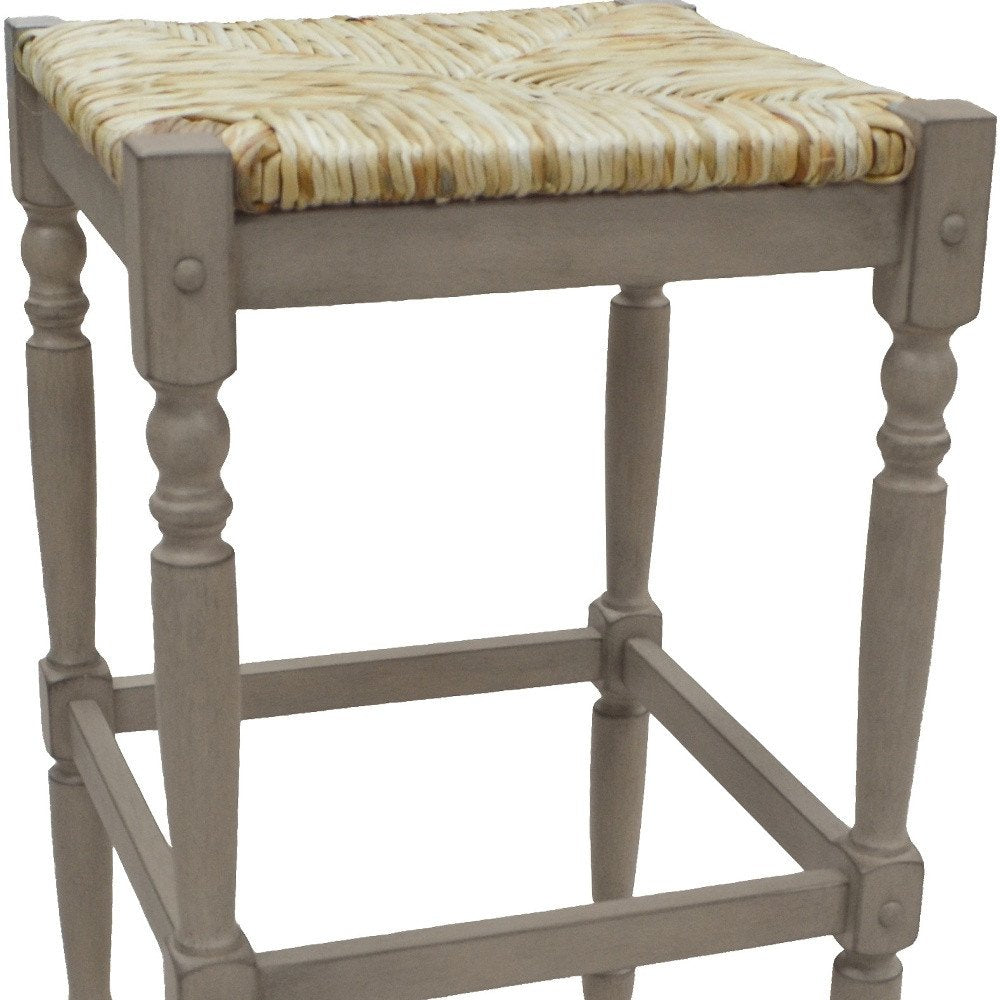 29" Natural And Gray Rush And Solid Wood Backless Bar Height Bar Chair HomeRoots