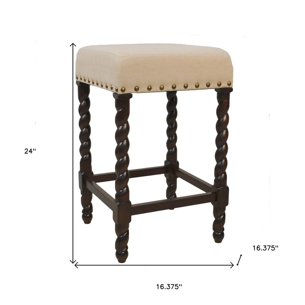 24" Cream And Espresso Fabric And Solid Wood Backless Counter Height Bar Chair HomeRoots