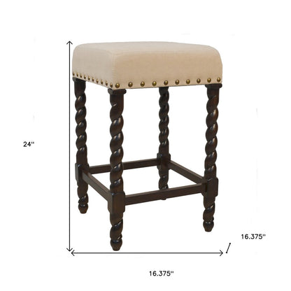 24" Cream And Espresso Fabric And Solid Wood Backless Counter Height Bar Chair HomeRoots