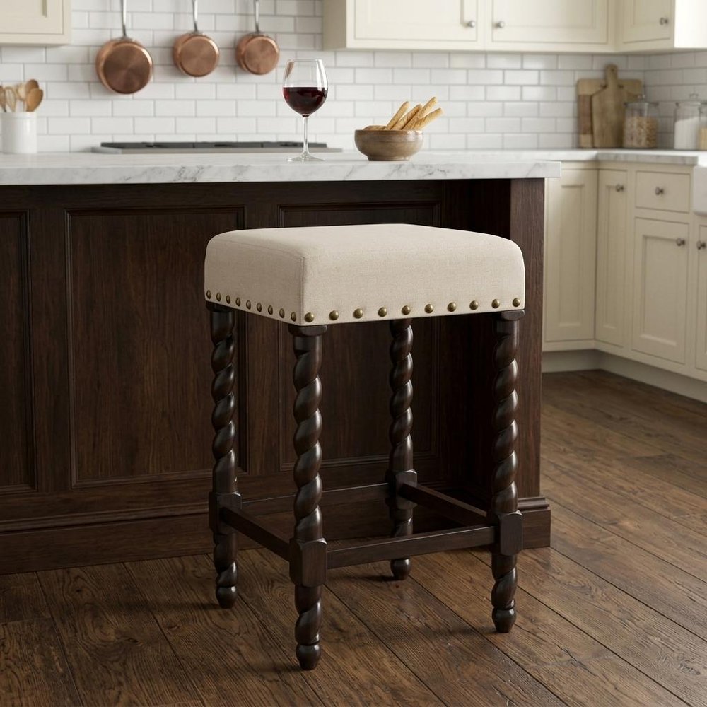 24" Cream And Espresso Fabric And Solid Wood Backless Counter Height Bar Chair HomeRoots