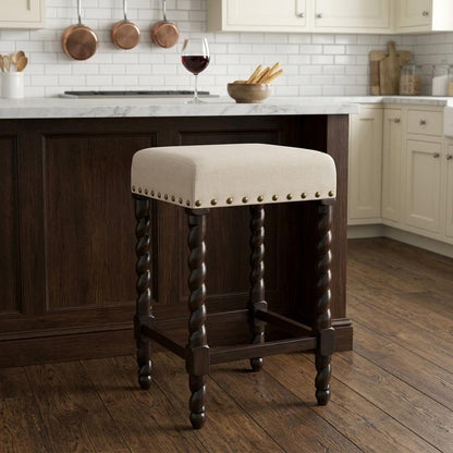 24" Cream And Espresso Fabric And Solid Wood Backless Counter Height Bar Chair HomeRoots