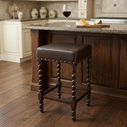 24" Black And Espresso Faux Leather And Fabric And Solid Wood Backless Counter Height Bar Chair HomeRoots