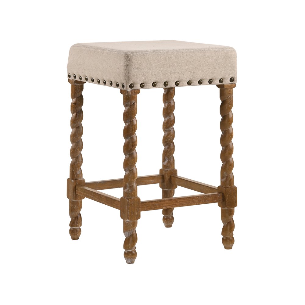 24" Cream And Natural Faux Leather And Fabric And Solid Wood Backless Counter Height Bar Chair HomeRoots