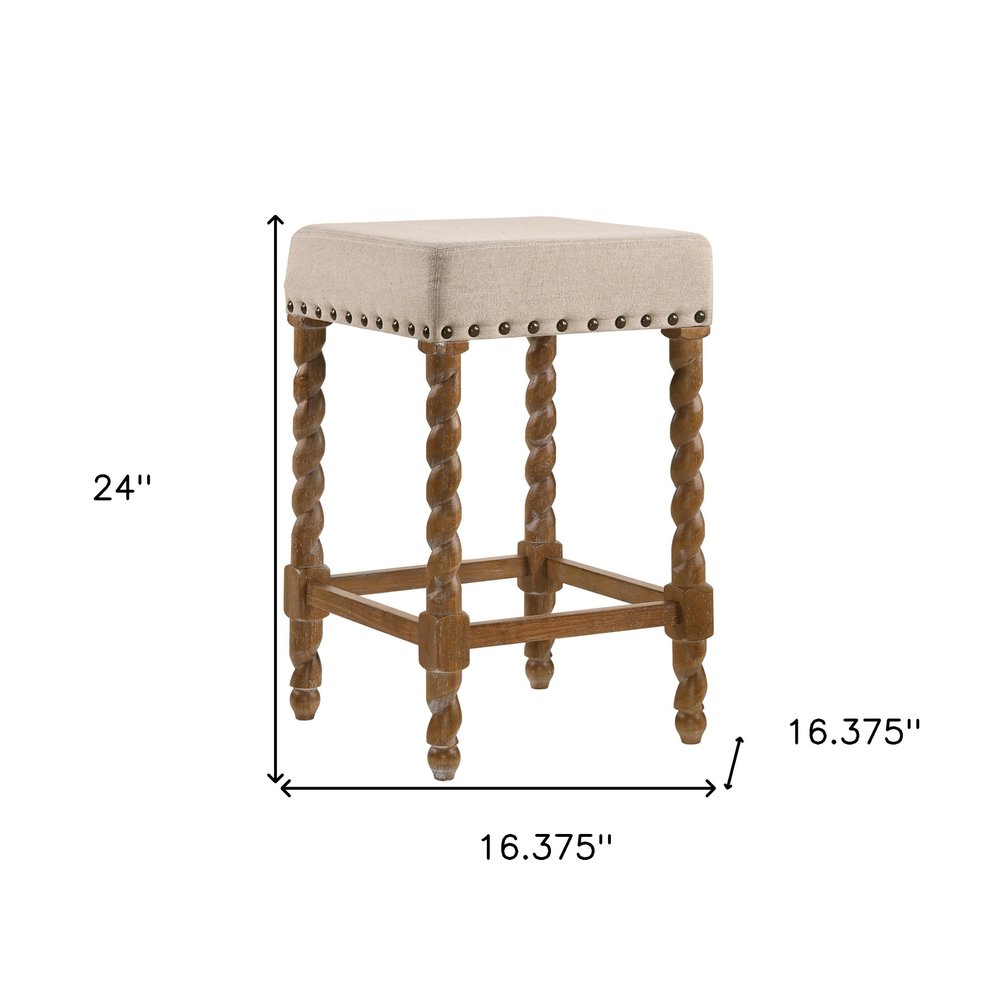 24" Cream And Natural Faux Leather And Fabric And Solid Wood Backless Counter Height Bar Chair HomeRoots