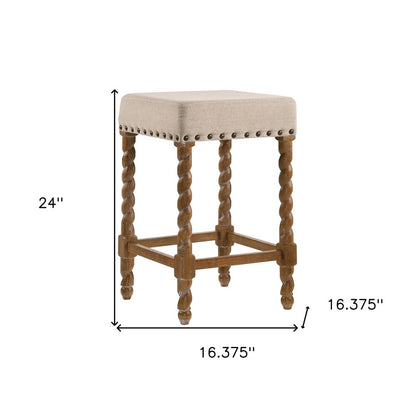 24" Cream And Natural Faux Leather And Fabric And Solid Wood Backless Counter Height Bar Chair HomeRoots
