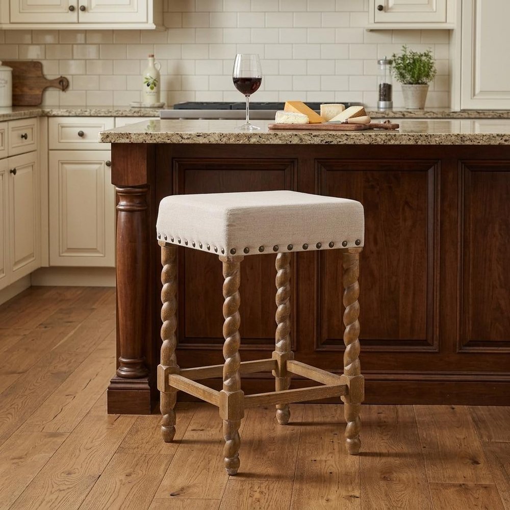 24" Cream And Natural Faux Leather And Fabric And Solid Wood Backless Counter Height Bar Chair HomeRoots