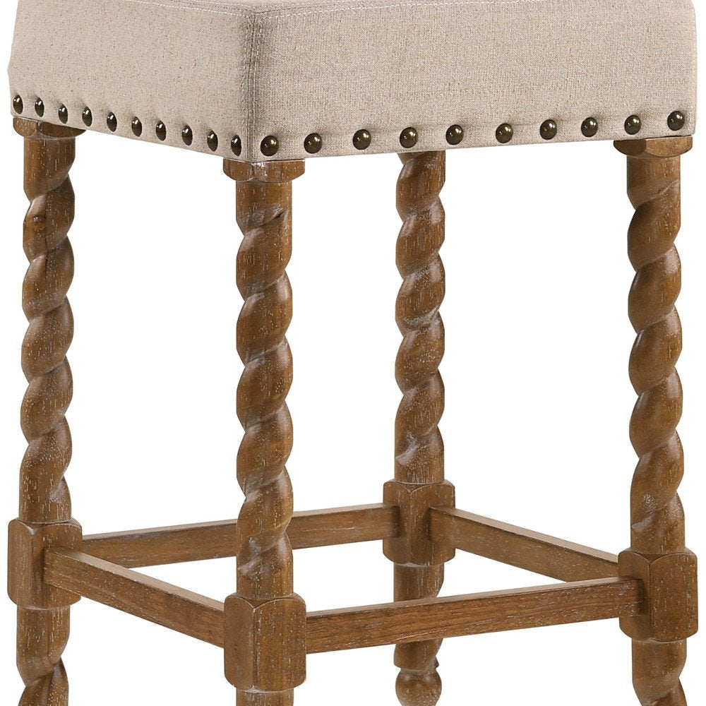 24" Cream And Natural Faux Leather And Fabric And Solid Wood Backless Counter Height Bar Chair HomeRoots