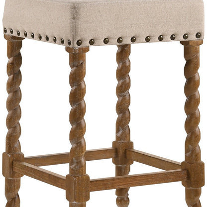 24" Cream And Natural Faux Leather And Fabric And Solid Wood Backless Counter Height Bar Chair HomeRoots