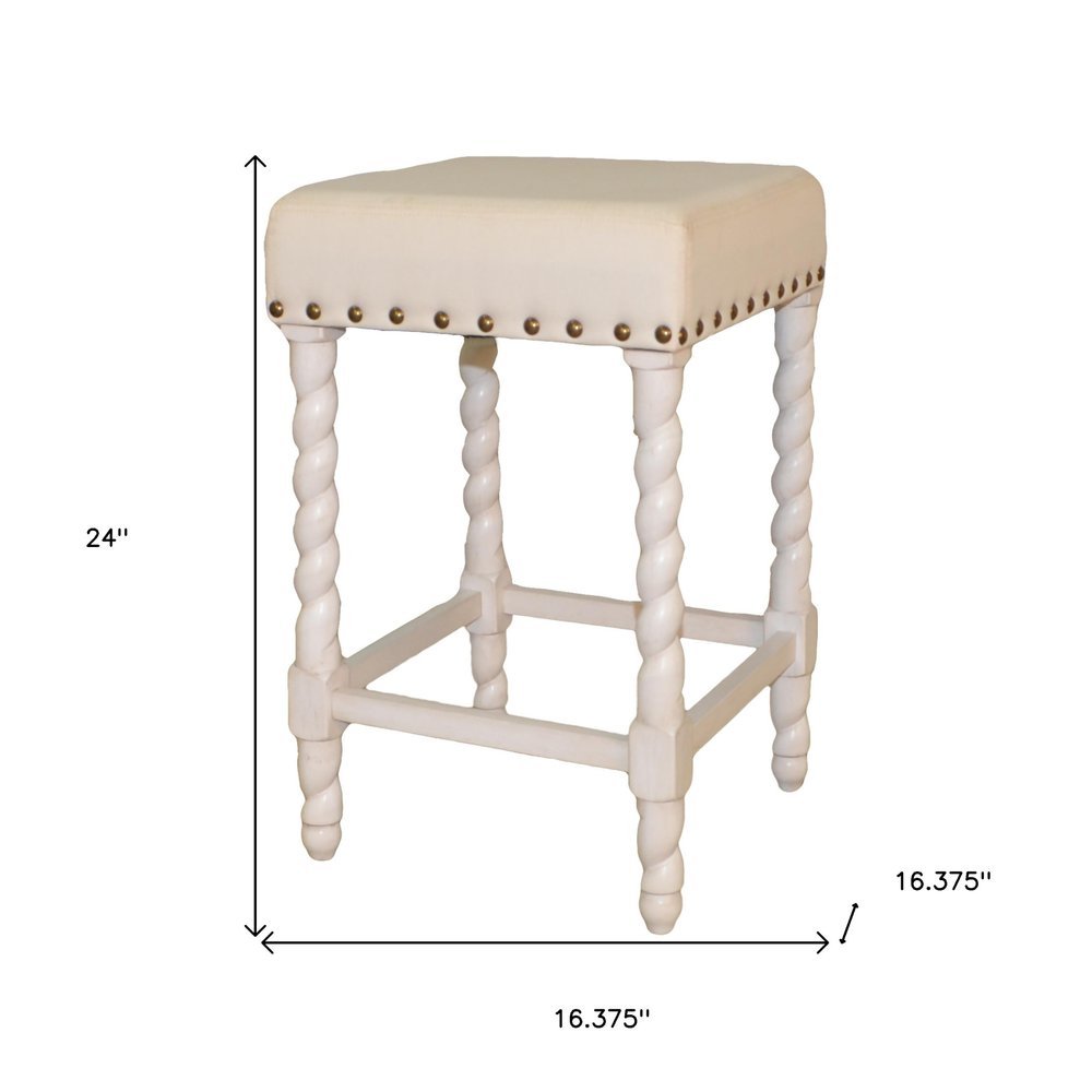 24" Cream And White Fabric And Solid Wood Backless Counter Height Bar Chair HomeRoots