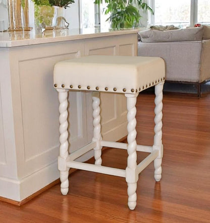 24" Cream And White Fabric And Solid Wood Backless Counter Height Bar Chair HomeRoots