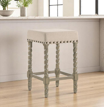 24" Cream And Gray Fabric And Solid Wood Backless Counter Height Bar Chair HomeRoots