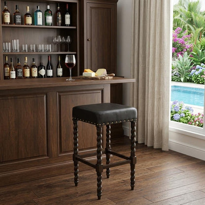 30" Black And Espresso Faux Leather And Fabric And Solid Wood Backless Bar Height Bar Chair HomeRoots
