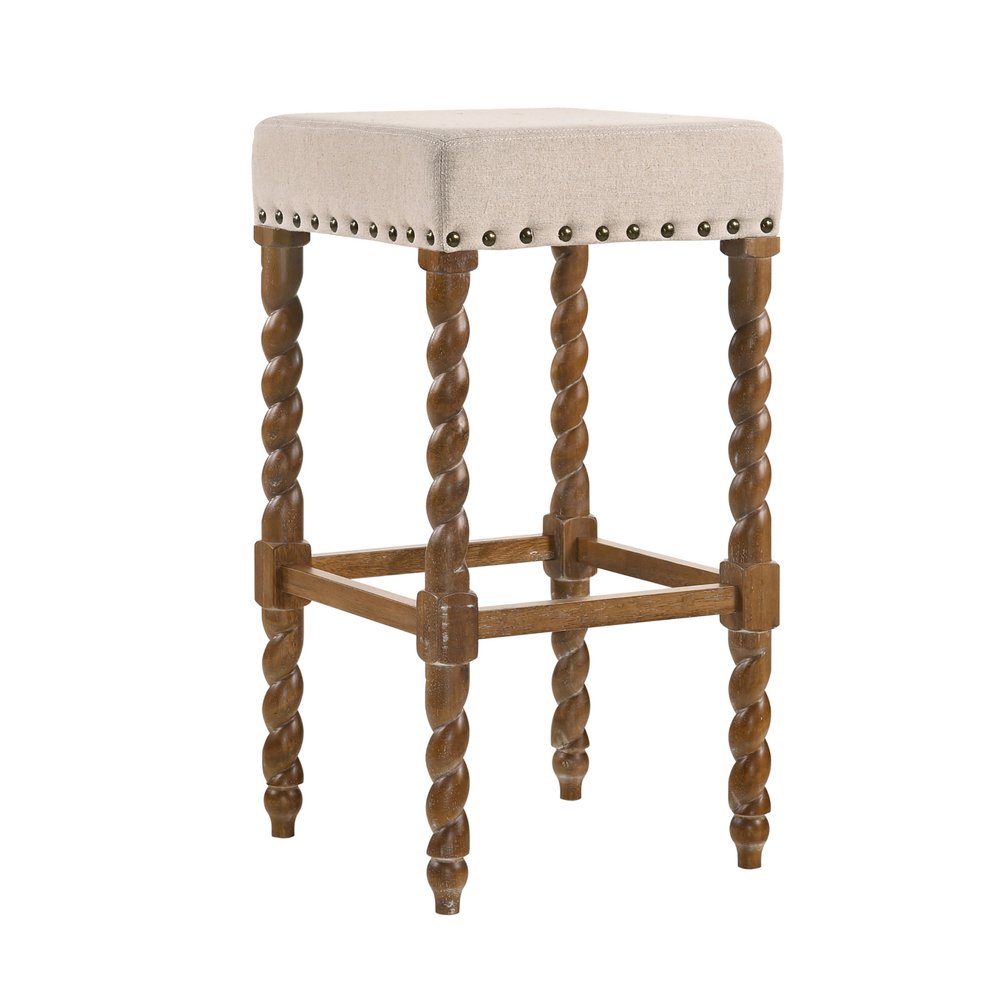 30" Cream And Natural Fabric And Solid Wood Backless Bar Height Bar Chair HomeRoots