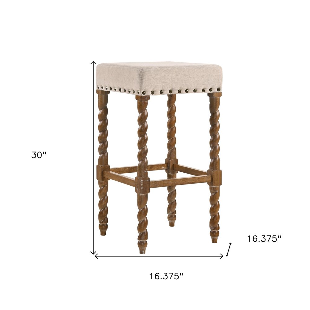 30" Cream And Natural Fabric And Solid Wood Backless Bar Height Bar Chair HomeRoots