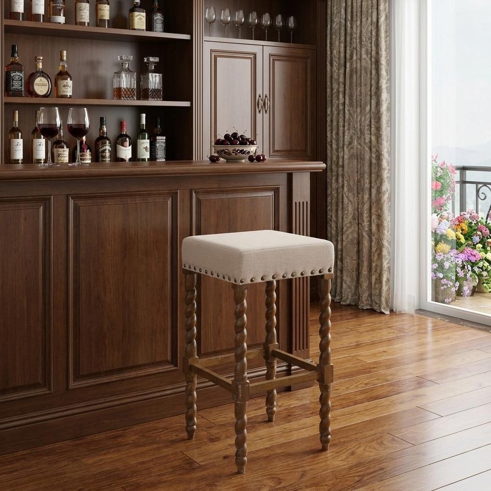 30" Cream And Natural Fabric And Solid Wood Backless Bar Height Bar Chair HomeRoots
