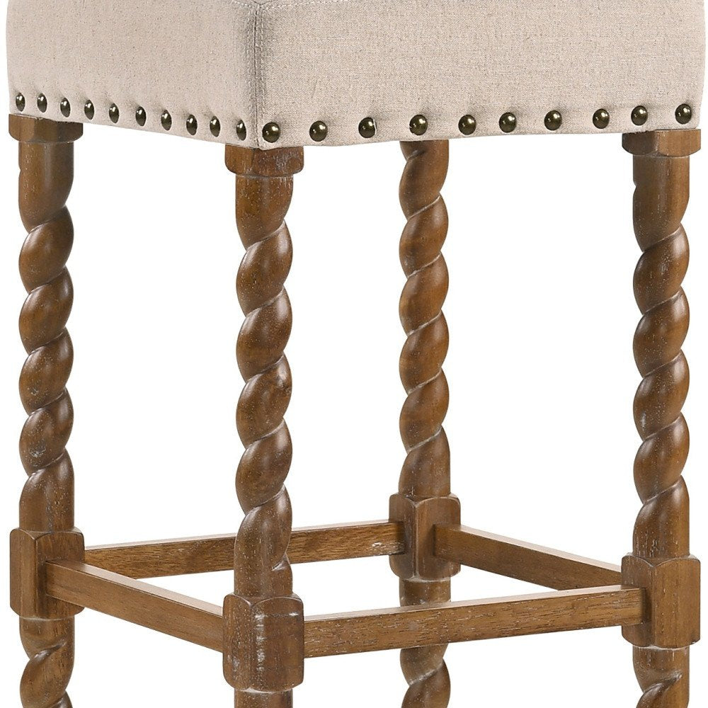 30" Cream And Natural Fabric And Solid Wood Backless Bar Height Bar Chair HomeRoots