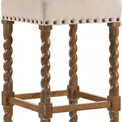 30" Cream And Natural Fabric And Solid Wood Backless Bar Height Bar Chair HomeRoots