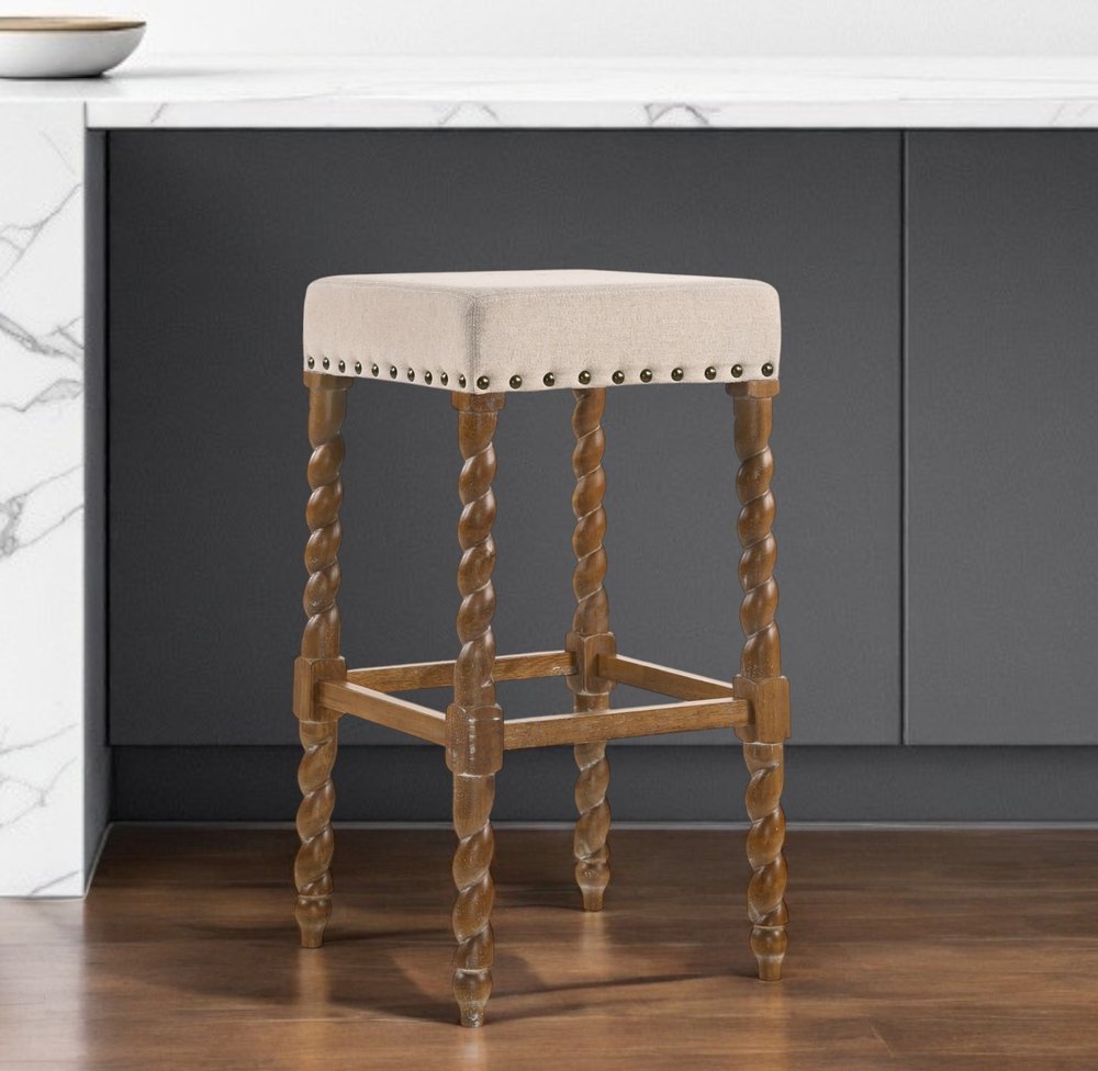 30" Cream And Natural Solid Wood Backless Bar Height Bar Chair HomeRoots