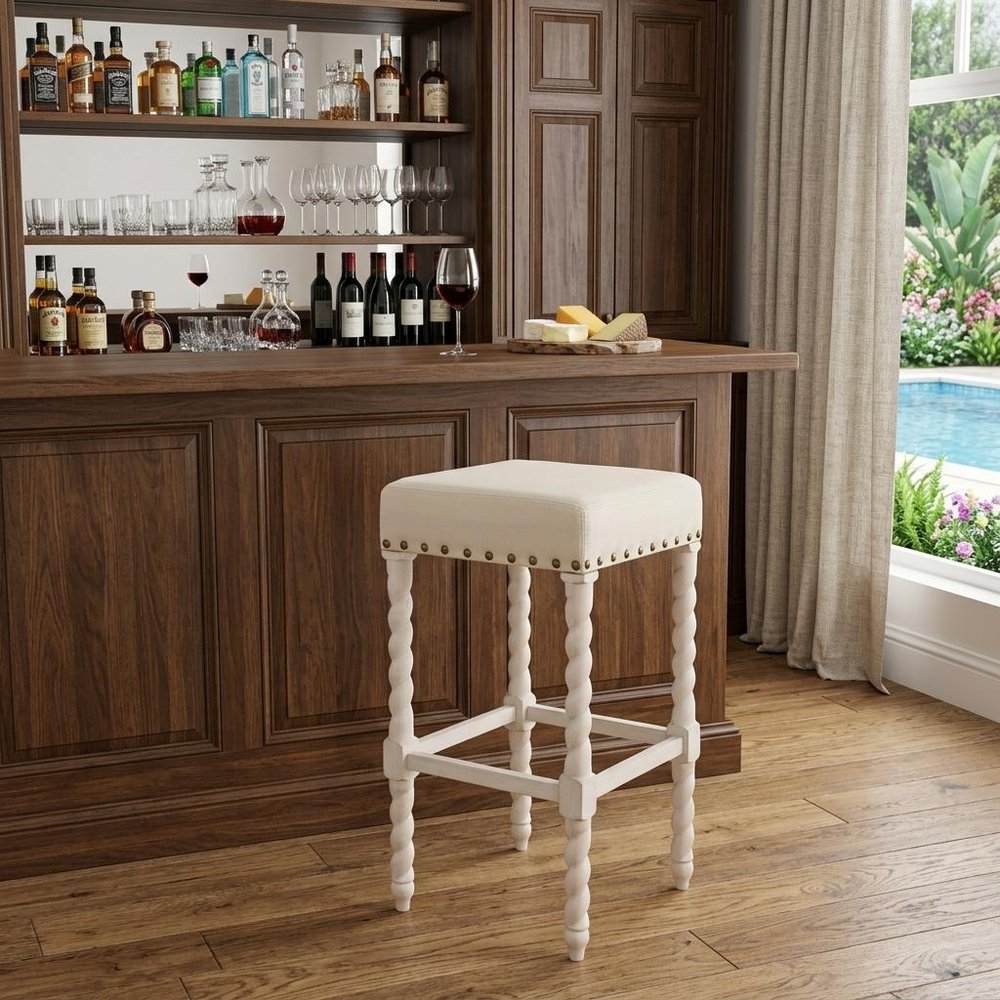 30" Cream And Vanilla Linen Upholstered Solid Wood Backless Bar Chair HomeRoots