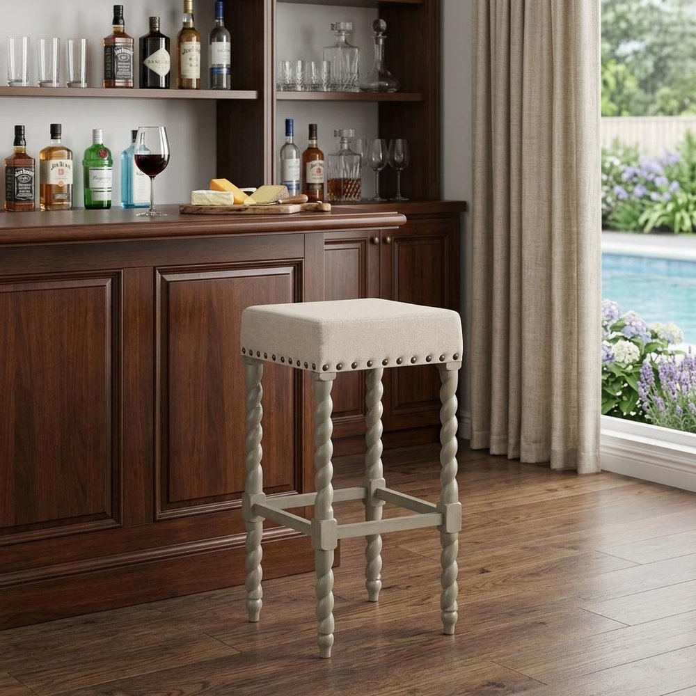 30" Cream And Gray Fabric And Solid Wood Backless Bar Height Bar Chair HomeRoots