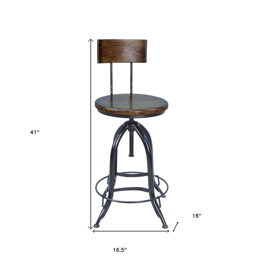 Chestnut And Black Solid Wood And Steel Low Back Adjustable Height Swivel Bar Chair HomeRoots