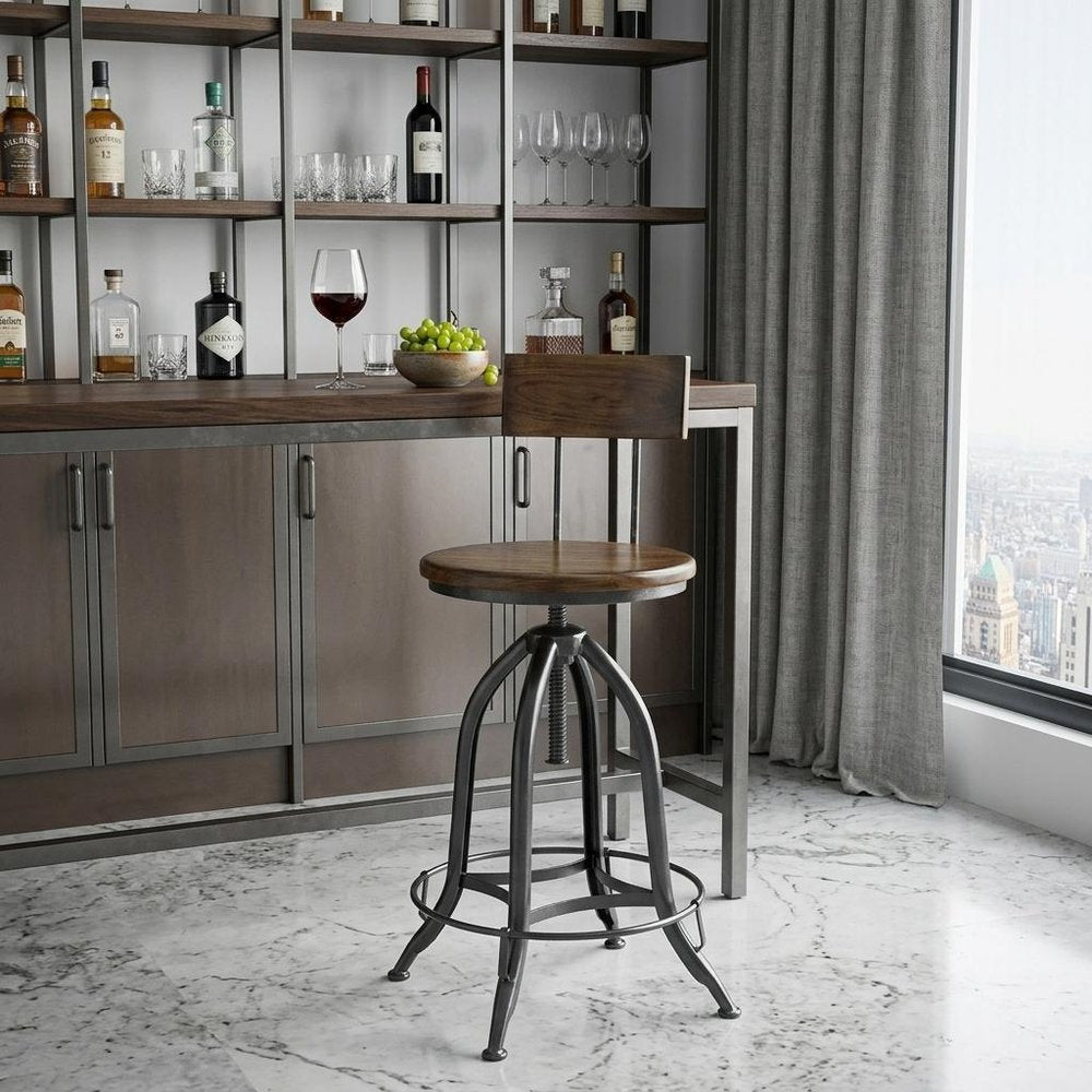Chestnut And Black Solid Wood And Steel Low Back Adjustable Height Swivel Bar Chair HomeRoots