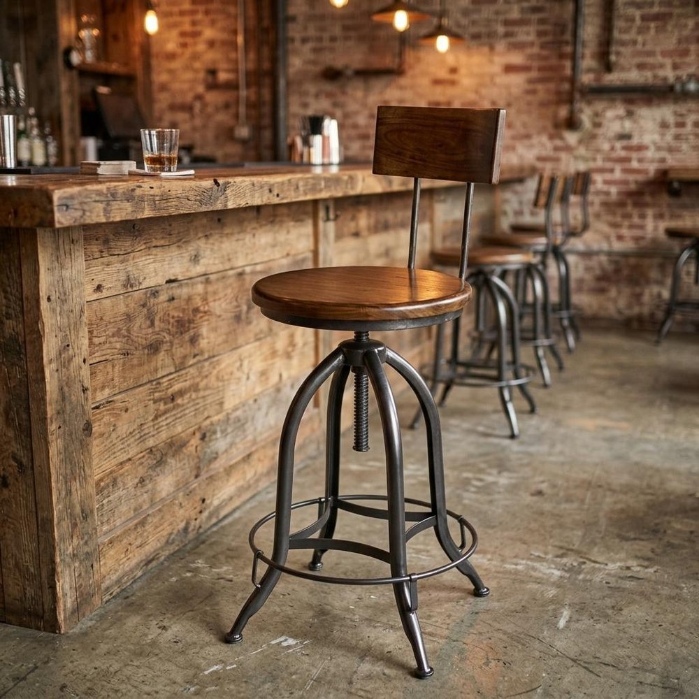 Chestnut And Black Solid Wood And Steel Low Back Adjustable Height Swivel Bar Chair