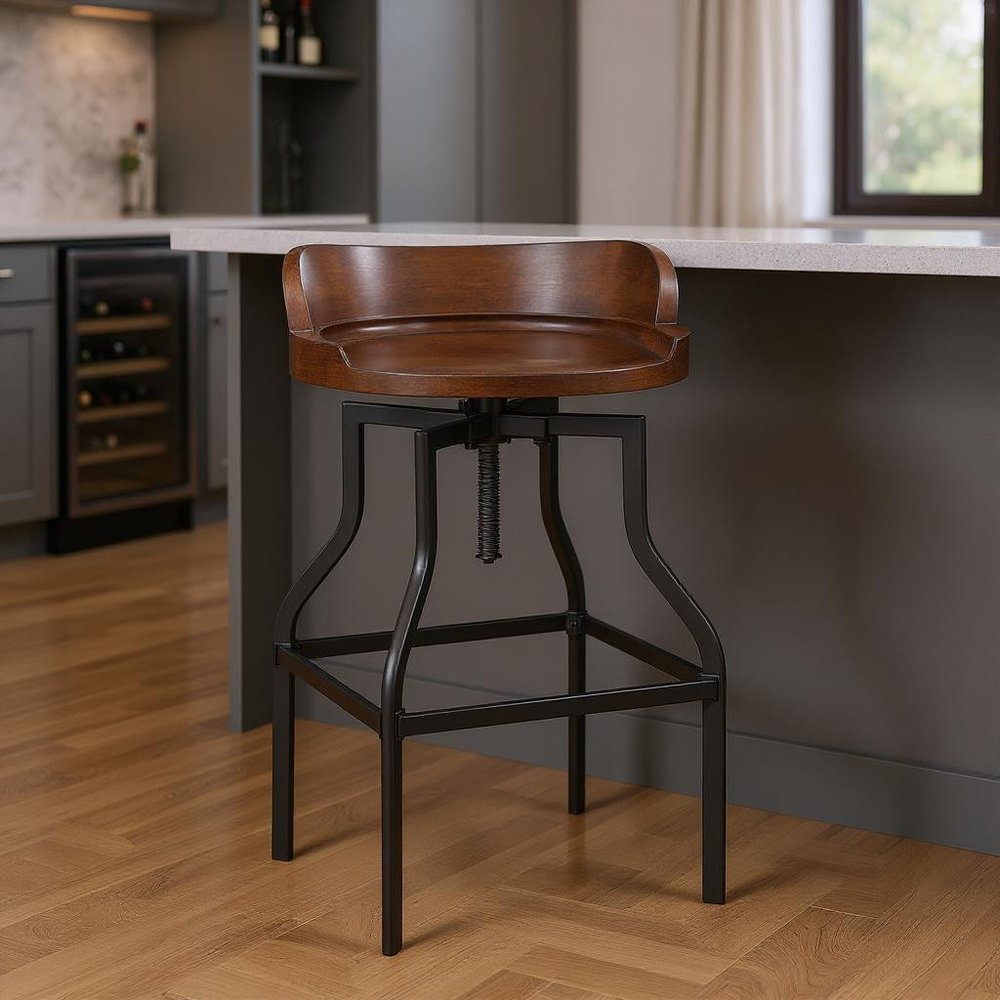 Chestnut And Black Solid Wood And Steel Backless Adjustable Height Swivel Bar Chair HomeRoots