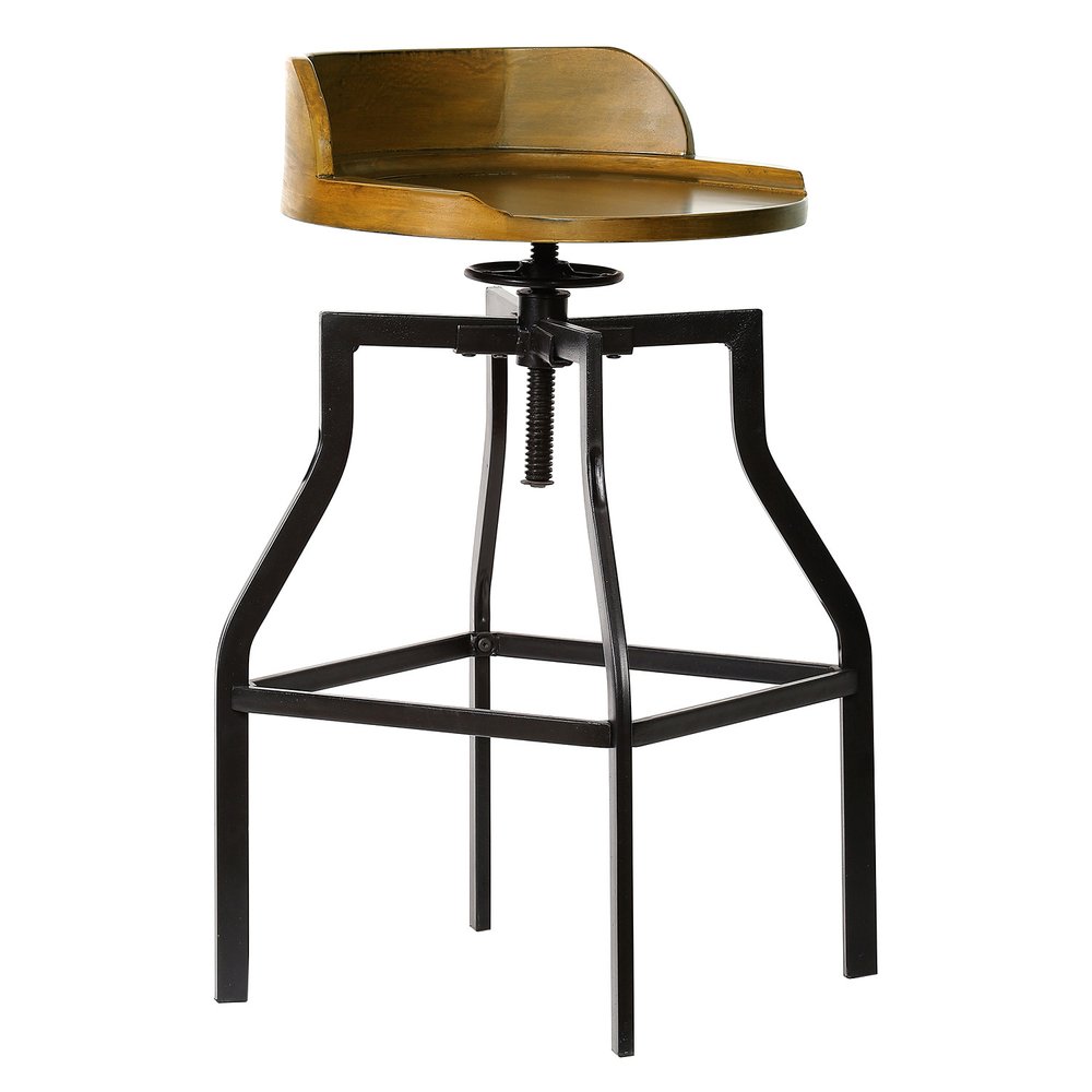 Chestnut And Black Solid Wood And Steel Backless Adjustable Height Swivel Bar Chair HomeRoots