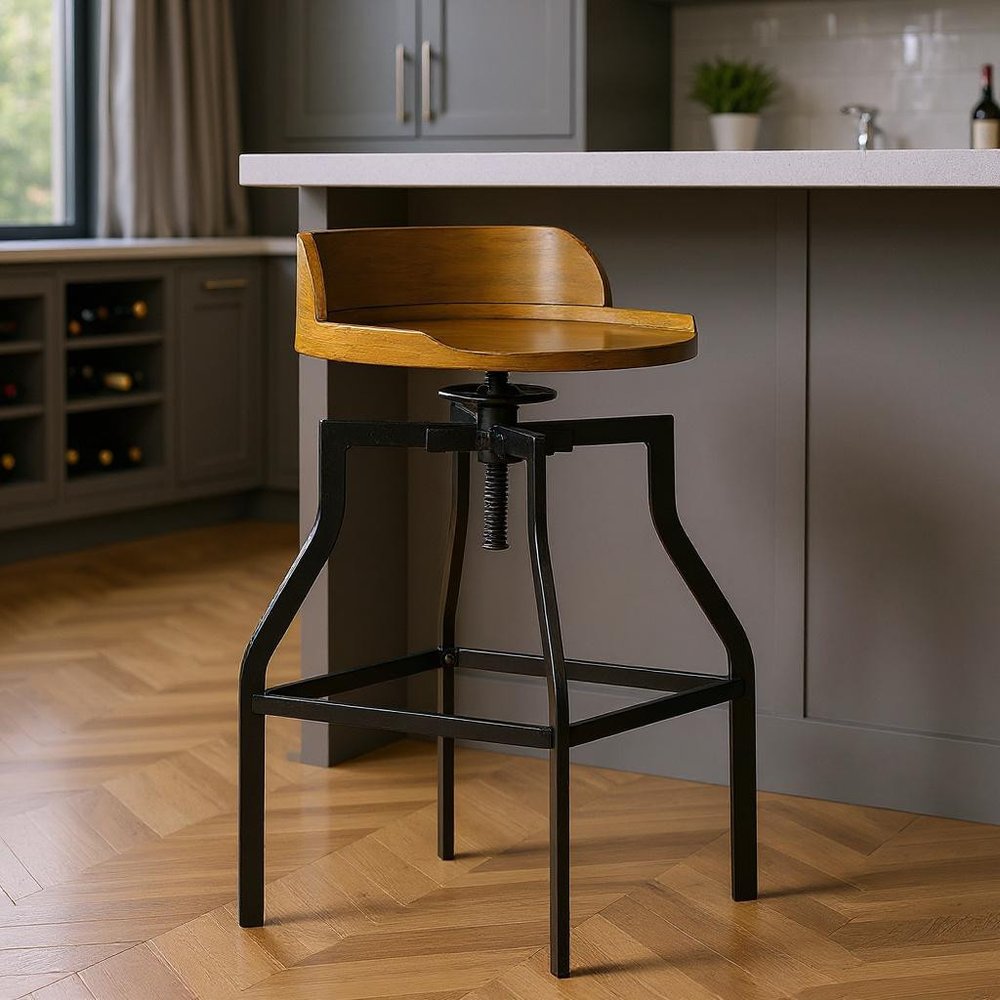 Chestnut And Black Solid Wood And Steel Backless Adjustable Height Swivel Bar Chair HomeRoots
