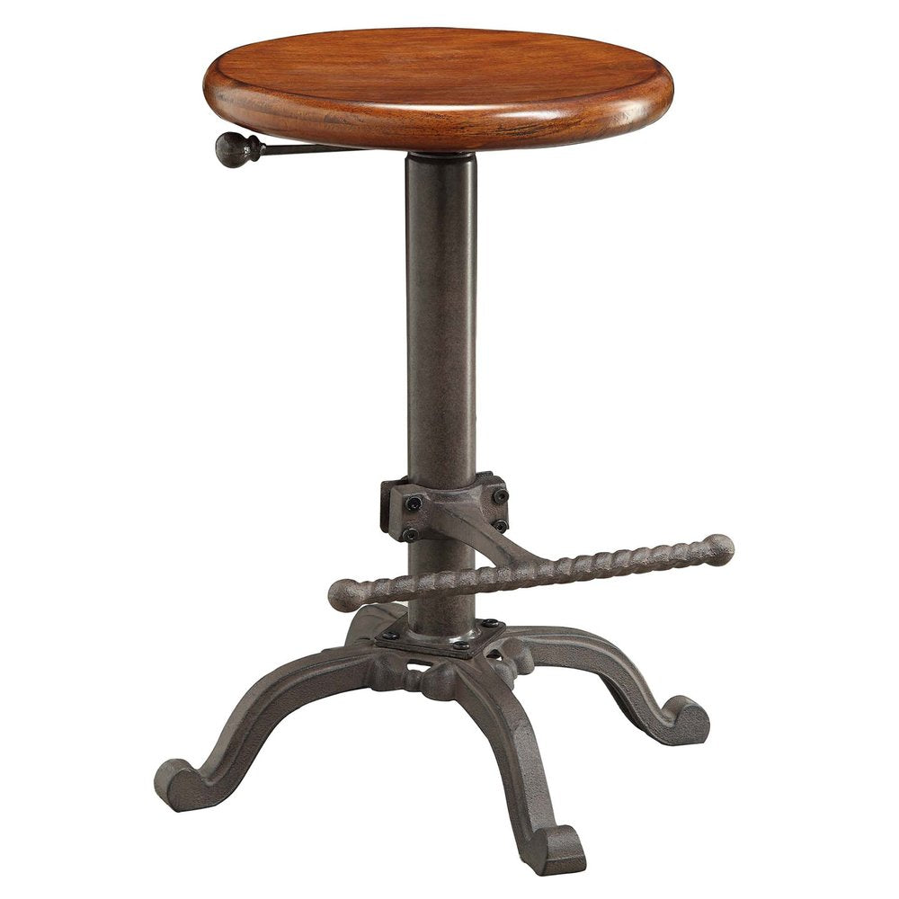 Chestnut And Gray Solid Wood And Steel Backless Adjustable Height Swivel Bar Chair HomeRoots