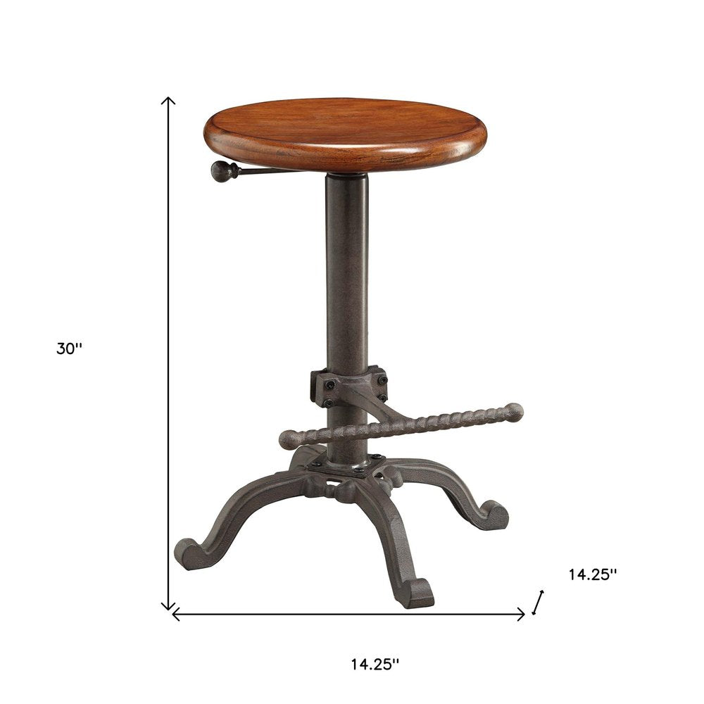 Chestnut And Gray Solid Wood And Steel Backless Adjustable Height Swivel Bar Chair HomeRoots