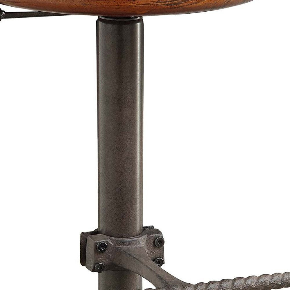 Chestnut And Gray Solid Wood And Steel Backless Adjustable Height Swivel Bar Chair HomeRoots