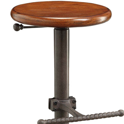 Chestnut And Gray Solid Wood And Steel Backless Adjustable Height Swivel Bar Chair HomeRoots