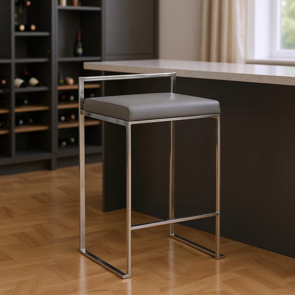 35" Gray And Silver Faux Leather And Steel Low Back Bar Height Bar Chair HomeRoots