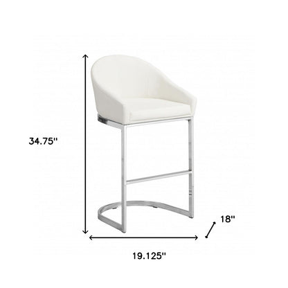 35" White and Silver Faux Leather and Steel Low Back Bar Height Bar Chair