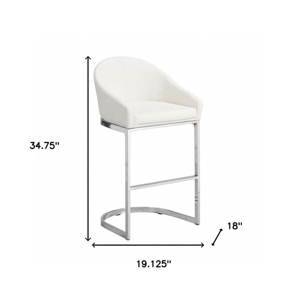 35" White and Silver Faux Leather and Steel Low Back Bar Height Bar Chair HomeRoots