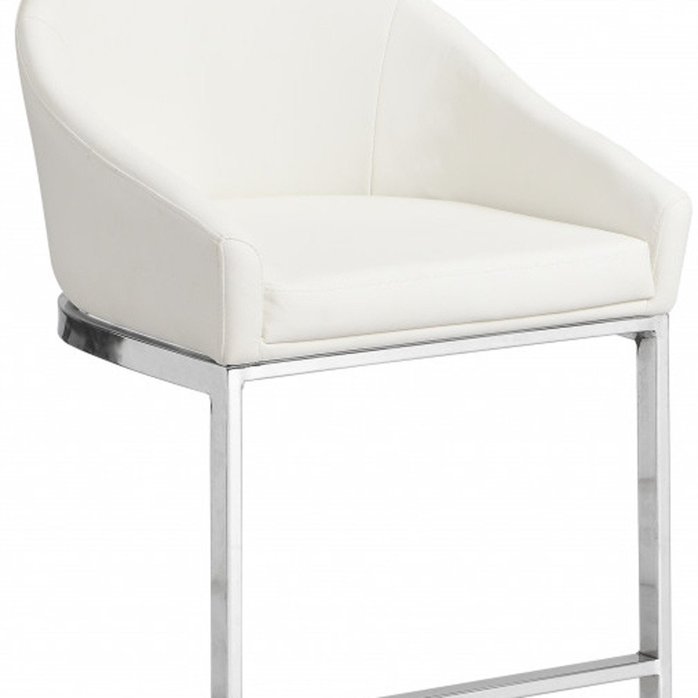35" White and Silver Faux Leather and Steel Low Back Bar Height Bar Chair HomeRoots