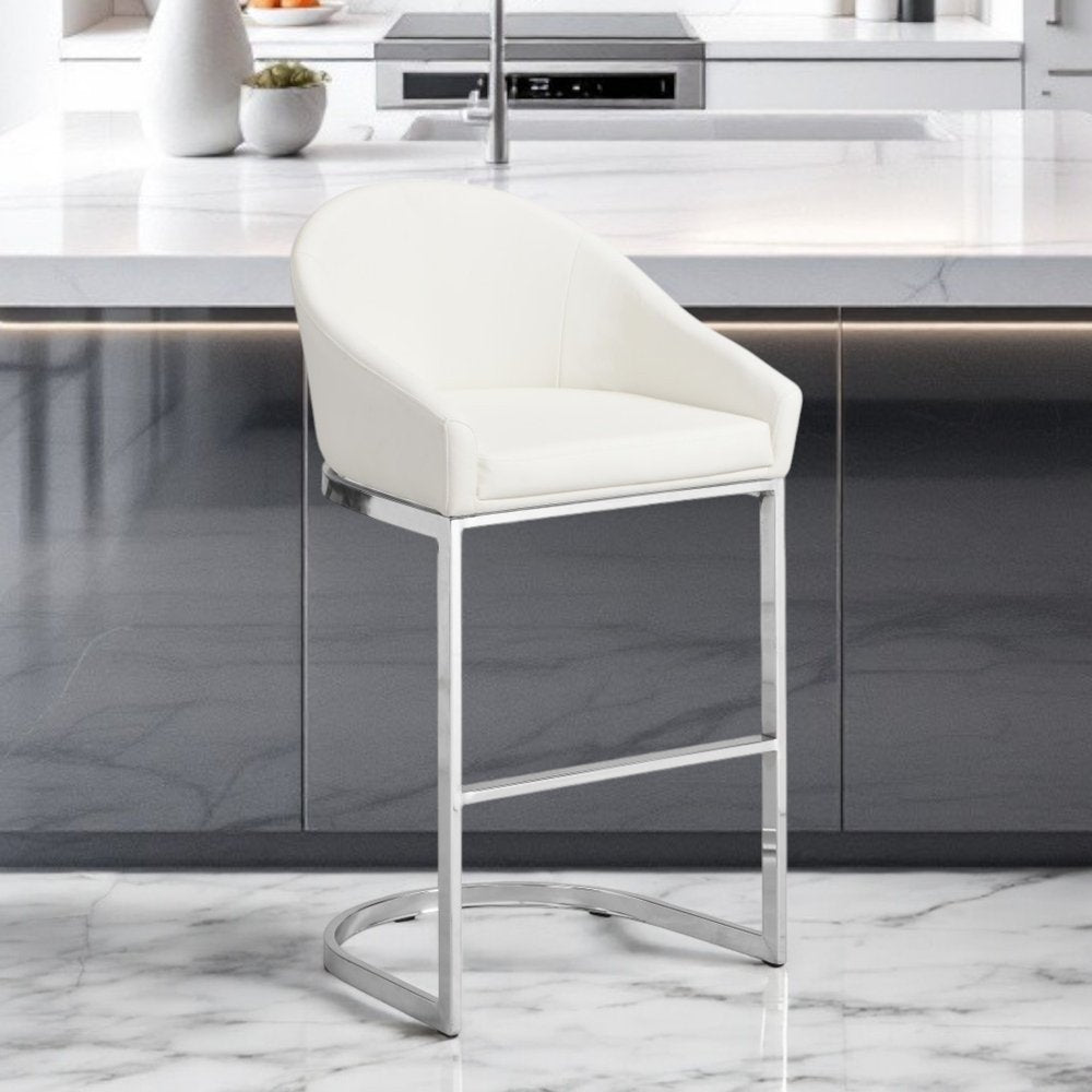 35" White and Silver Faux Leather and Steel Low Back Bar Height Bar Chair HomeRoots