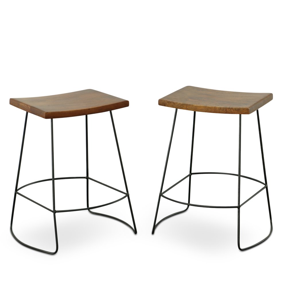 Set of Two 25" Chestnut and Black Solid Wood and Steel Backless Counter Height Bar Chairs HomeRoots