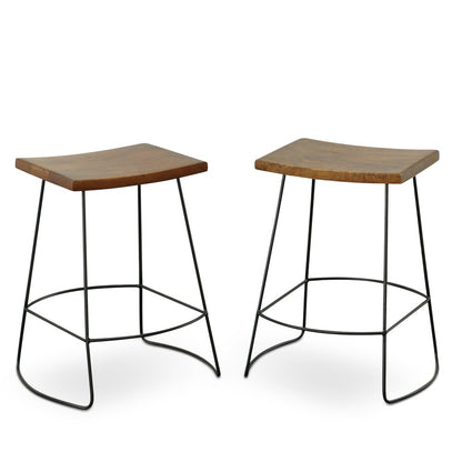 Set of Two 25" Chestnut and Black Solid Wood and Steel Backless Counter Height Bar Chairs HomeRoots