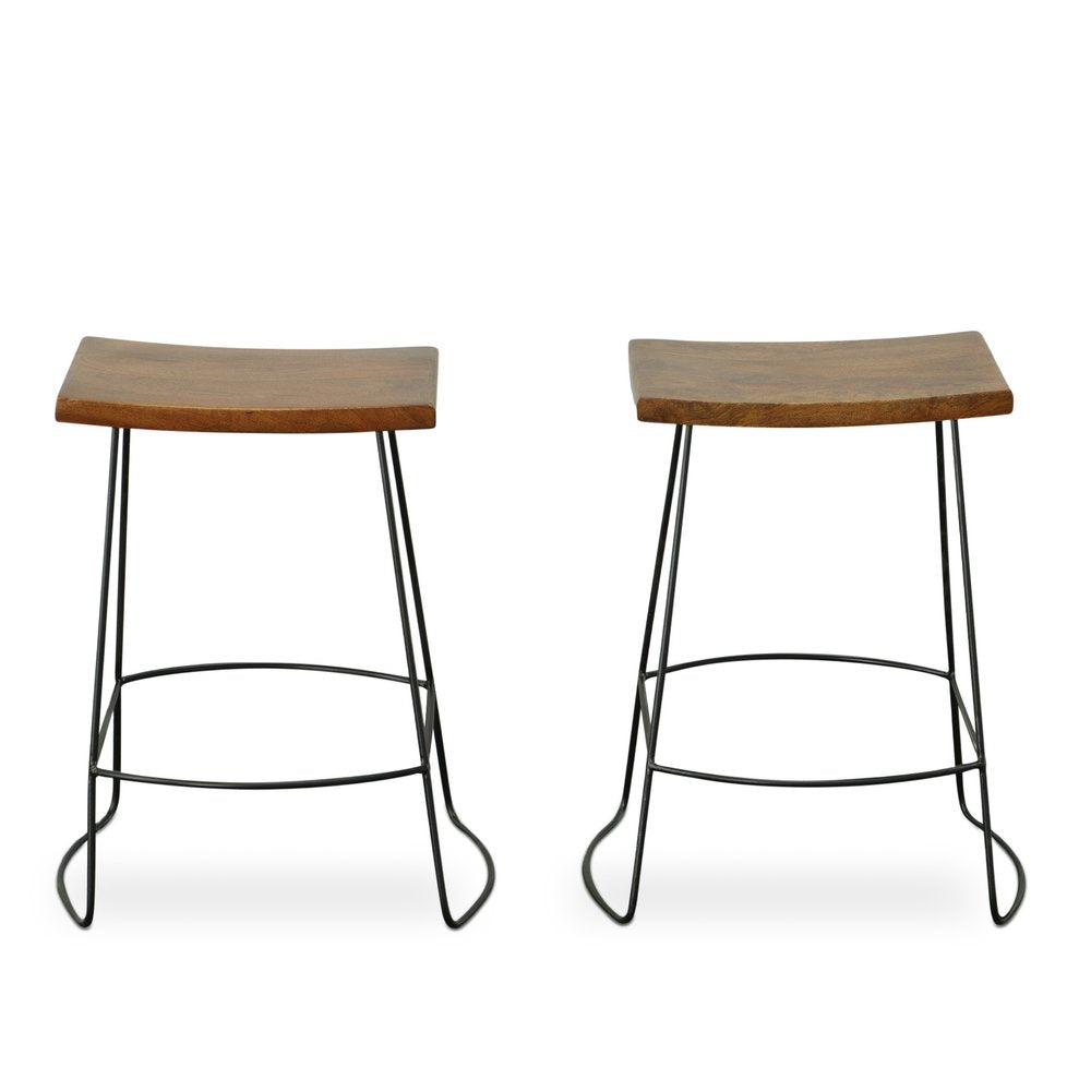 Set of Two 25" Chestnut and Black Solid Wood and Steel Backless Counter Height Bar Chairs HomeRoots