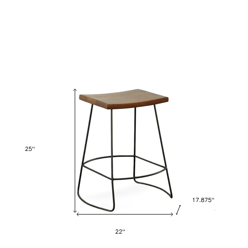 Set of Two 25" Chestnut and Black Solid Wood and Steel Backless Counter Height Bar Chairs HomeRoots