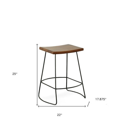 Set of Two 25" Chestnut and Black Solid Wood and Steel Backless Counter Height Bar Chairs HomeRoots