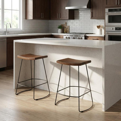 Set of Two 25" Chestnut and Black Solid Wood and Steel Backless Counter Height Bar Chairs HomeRoots